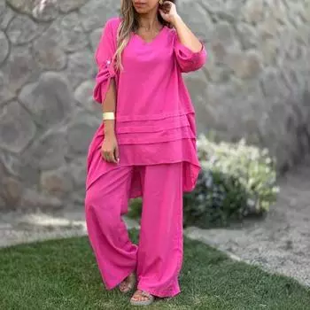 2 шт./комплект женский повседневный наряд с круглым вырезом и рукавом 3/4 средней длины топы с эластичной талией широкие длинные брюки комплект однотонная домашняя одежда S белый