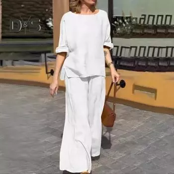 2 шт./комплект женский повседневный наряд с круглым вырезом и длинными рукавами топы с эластичной талией широкие длинные брюки комплект однотонная домашняя одежда 3XL белый