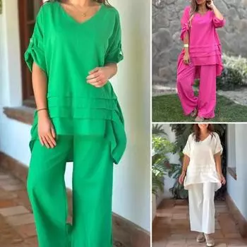 2 шт./комплект женский повседневный наряд с круглым вырезом и рукавом 3/4 средней длины топы с эластичной талией широкие длинные брюки комплект однотонная домашняя одежда S розы красного