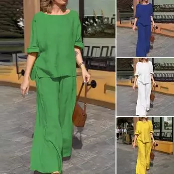 2 шт./комплект женский повседневный наряд с круглым вырезом и длинными рукавами топы с эластичной талией широкие длинные брюки комплект однотонная домашняя одежда 3XL красный