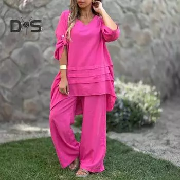 2 шт./комплект женский повседневный наряд с круглым вырезом и рукавом 3/4 средней длины топы с эластичной талией широкие длинные брюки комплект однотонная домашняя одежда S белый