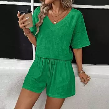 2 шт./комплект женский повседневный наряд V-образный вырез короткий рукав футболка эластичный пояс шнурок широкие шорты комплект однотонная ткань морщинки S розы красного