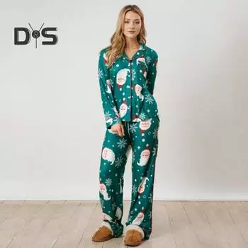 2 шт./комплект женский рождественский пижамный комплект с принтом Санты, лацканы, длинные рукава, однобортная свободная рубашка с эластичной талией, свободная, широкая домашняя одежда, ночная сорочка XL чёрный