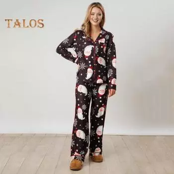 2 шт./комплект женский рождественский пижамный комплект с принтом Санты, лацканы, длинные рукава, однобортная свободная рубашка с эластичной талией, свободная, широкая домашняя одежда, ночная сорочка L розовый