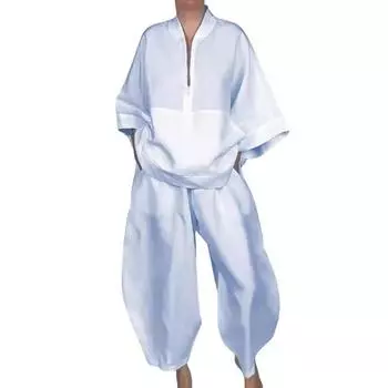 2 шт./комплект женский рубашка брюки комплект половина молния воротник стойка рукава девятый топ широкий штанина свободный M светло-синий