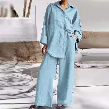 2 шт./комплект женский рубашка брюки комплект домашняя одежда однотонный отложной воротник длинный рукав топ широкие брюки эластичный пояс свободные брюки одежда для поездок на работу блузка L небесно-голубой