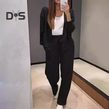 2 шт./комплект женский рубашка брюки комплект V-образный вырез однобортный длинный рукав трикотажный свободный верх завязка эластичный пояс широкие брюки спортивный костюм M королевский синий