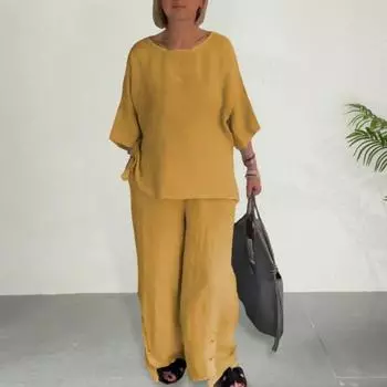 2 шт./комплект женский рубашка брюки комплект однотонный цвет О-образный вырез рукав три четверти топ широкий штанина L зелёный