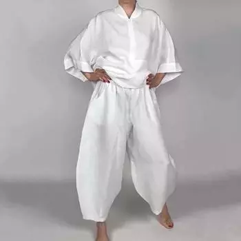 2 шт./комплект женский рубашка брюки комплект половина молния воротник стойка рукава девятый топ широкий штанина свободный M жёлтый