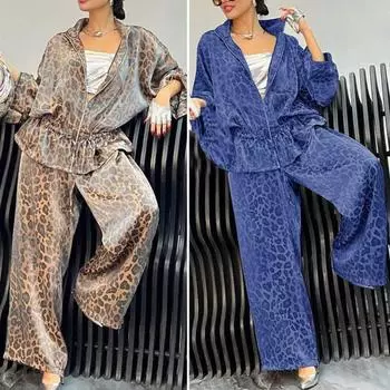 2 шт./комплект женский рубашка брюки комплект леопардовый принт застежка-молния длинный рукав плиссировка M синий
