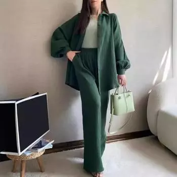 2 шт./комплект женский рубашка брюки комплект отложной воротник однобортный длинный рукав свободный S зелёный