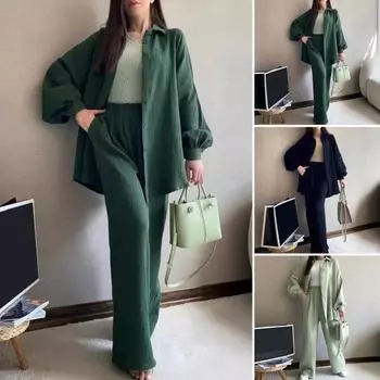 2 шт./комплект женский рубашка брюки комплект отложной воротник однобортный длинный рукав свободный верх эластичный пояс широкие брюки спортивный костюм S темно-синий