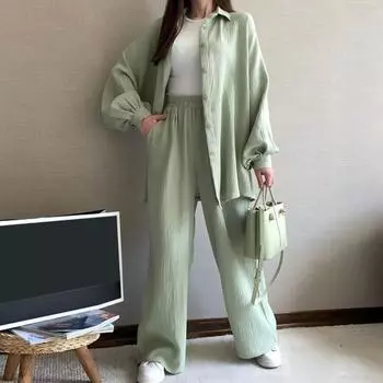 2 шт./комплект женский рубашка брюки комплект отложной воротник однобортный длинный рукав свободный верх эластичный пояс широкие брюки спортивный костюм S светло-зеленый