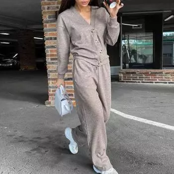 2 шт./комплект женский рубашка брюки комплект V-образный вырез однобортный длинный рукав трикотажный свободный верх завязка эластичный пояс широкие брюки спортивный костюм M королевский синий