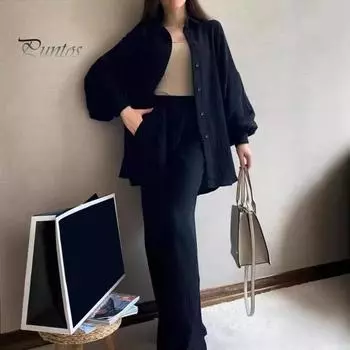 2 шт./комплект женский рубашка брюки комплект отложной воротник однобортный длинный рукав свободный верх эластичный пояс широкие брюки спортивный костюм S зелёный