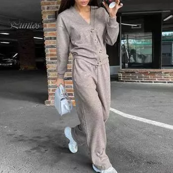 2 шт./комплект женский рубашка брюки комплект V-образный вырез однобортный длинный рукав трикотажный свободный верх завязка эластичный пояс широкие брюки спортивный костюм M королевский синий