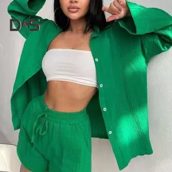 2 шт./комплект женский рубашка шорты комплект с лацканами однобортный с высокой талией длинные рукава свободный эластичный пояс на шнурке однотонный женский летний наряд M фиолетовый