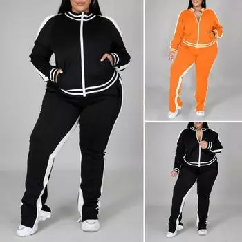 2 шт./комплект женский спортивный костюм плюс размер застежка-молния длинный рукав спортивный костюм с брюками свободный крой спортивный костюм спортивный наряд для бегунов M темно-оранжевого