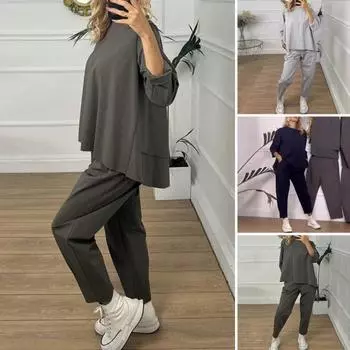2 шт./комплект женский свитер брюки комплект круглый вырез длинный рукав топ эластичный пояс широкие спортивные штаны спортивный наряд осень повседневная одежда для поездок на работу M чёрный