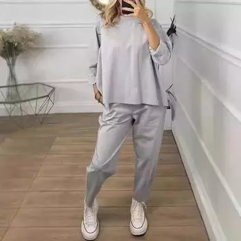 2 шт./комплект женский свитер брюки комплект круглый вырез длинный рукав топ эластичный пояс широкие спортивные штаны спортивный наряд осень повседневная одежда для поездок на работу L чёрный