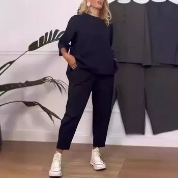 2 шт./комплект женский свитер брюки комплект круглый вырез длинный рукав топ M серый