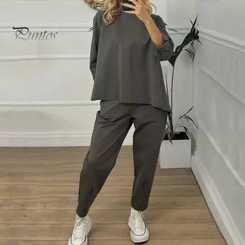 2 шт./комплект женский свитер брюки комплект круглый вырез длинный рукав топ эластичный пояс широкие спортивные штаны спортивный наряд осень повседневная одежда для поездок на работу L серый