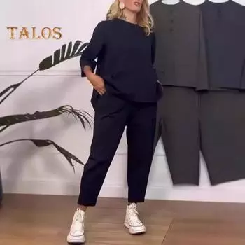 2 шт./комплект женский свитер брюки комплект круглый вырез длинный рукав топ эластичный пояс широкие спортивные штаны спортивный наряд осень повседневная одежда для поездок на работу M армия зеленый