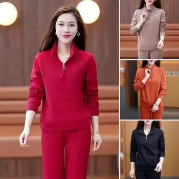 2 шт./комплект женский свитер брюки костюм на молнии воротник стойка длинные рукава спортивный свитер эластичный пояс брюки фитнес костюм осень весна спортивный костюм L оранжевый