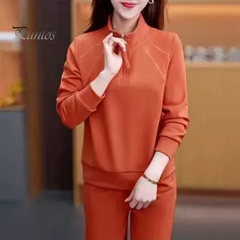 2 шт./комплект женский свитер брюки костюм на молнии воротник стойка длинные рукава спортивный свитер эластичный пояс брюки фитнес костюм осень весна спортивный костюм L оранжевый