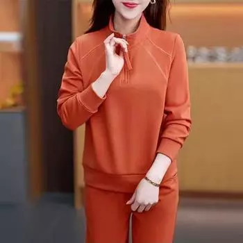 2 шт./комплект женский свитер брюки костюм на молнии воротник стойка длинные рукава спортивный свитер эластичный пояс брюки фитнес костюм осень весна спортивный костюм L оранжевый