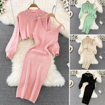 2 шт./комплект женский свитер платье комплект бисерный вязаный однотонный длинный рукав свитер V-образный вырез синий