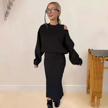 2 шт./комплект женский свитшот платье комплект круглый вырез длинный рукав летучая мышь свободный S чёрный