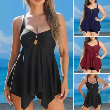 2 шт./комплект женский танкини комплект слинг квадратный воротник струящийся подол разрез купальник плавки костюм быстросохнущий пляжная одежда M чёрный