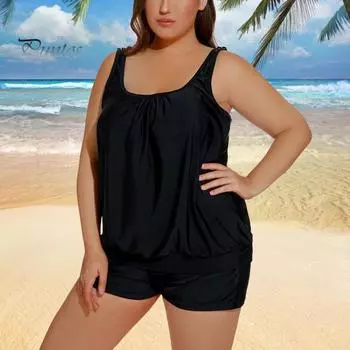 2 шт./комплект женский танкини комплект U-образный вырез без рукавов топы с высокой талией плавки комплект раздельный дизайн пляжная одежда для отдыха M чёрный
