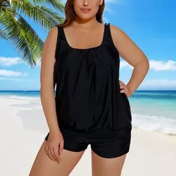 2 шт./комплект женский танкини комплект U-образный вырез без рукавов топы с высокой талией плавки комплект раздельный дизайн пляжная одежда для отдыха M чёрный