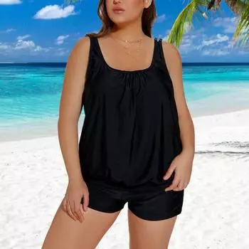 2 шт./комплект женский танкини комплект U-образный вырез без рукавов топы с высокой талией плавки комплект раздельный дизайн пляжная одежда для отдыха M чёрный