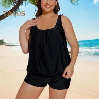 2 шт./комплект женский танкини комплект U-образный вырез без рукавов топы с высокой талией плавки комплект раздельный дизайн пляжная одежда для отдыха M чёрный