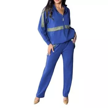 2 шт./комплект женский толстовка брюки костюм пайетки капюшон длинный рукав застежка-молния спорт XL синий