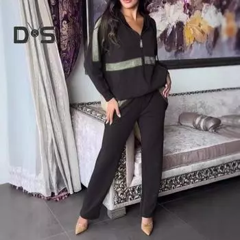 2 шт./комплект женский толстовка брюки костюм с пайетками капюшон с длинными рукавами застежка-молния спортивная толстовка с капюшоном эластичный пояс брюки фитнес одежда осень весна езда на работу L красный