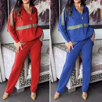 2 шт./комплект женский толстовка брюки костюм с пайетками капюшон с длинными рукавами застежка-молния спортивная толстовка с капюшоном эластичный пояс брюки фитнес одежда осень-весна одежда XL красный