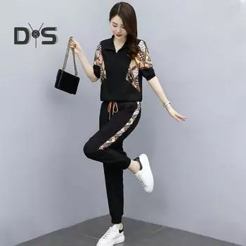 2 шт./комплект женский толстовка брюки костюм молния отложной воротник принт длинный рукав щиколотки резинка шнурок плюс размер женский топ брюки комплект спортивный костюм 3XL чёрный