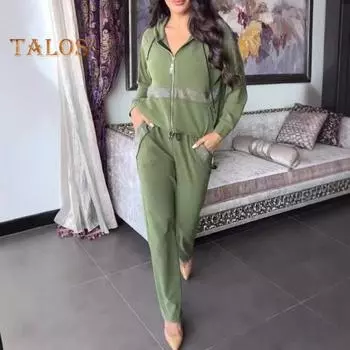 2 шт./комплект женский толстовка брюки костюм с пайетками капюшон с длинными рукавами застежка-молния спортивная толстовка с капюшоном эластичный пояс брюки фитнес одежда осень весна езда на работу L серый