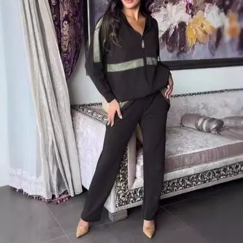 2 шт./комплект женский толстовка брюки костюм с пайетками капюшон с длинными рукавами застежка-молния спортивная толстовка с капюшоном эластичный пояс брюки фитнес одежда осень весна езда на работу L красный