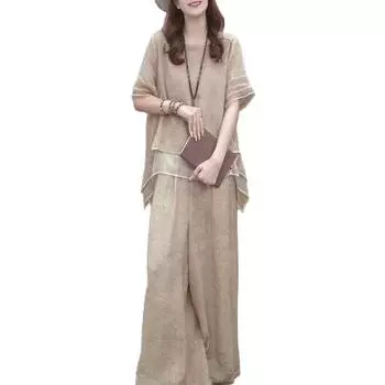 2 шт./комплект женский топ брюки комплект круглый вырез половина рукава неровный подол блузка M хаки