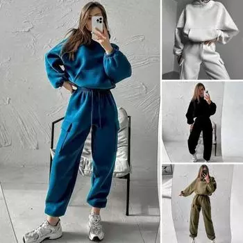2 шт./комплект женский топ брюки комплект с капюшоном длинный рукав эластичные манжеты толстовка с капюшоном завязками эластичный высокий M синий