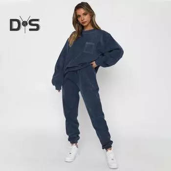 2 шт./комплект женский топ брюки комплект круглый вырез длинный рукав эластичные манжеты толстовка чистый цвет эластичные брюки с высокой талией до щиколотки спортивные фитнес S темно-серого