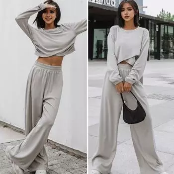 2 шт./комплект женский топ брюки комплект круглый вырез длинный рукав нерегулярный крестообразный подол толстовка чистый цвет XL синий