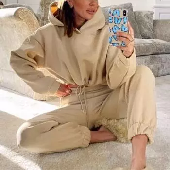 2 шт./комплект женский топ брюки комплект с капюшоном длинный рукав завязка низ толстовка S хаки