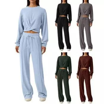 2 шт./комплект женский топ брюки комплект круглый вырез длинный рукав укороченный топ завязка S серый