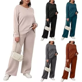 2 шт./комплект женский топ брюки комплект круглый вырез длинный рукав разрез низ толстовка S чёрный